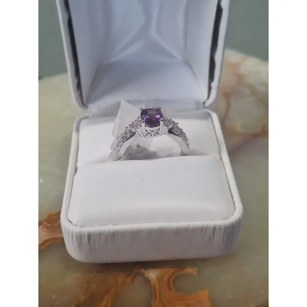 925 Sterling Silver Amethyst Ring Oval Purple Stone CZ Accents Sz 6.5 NIB